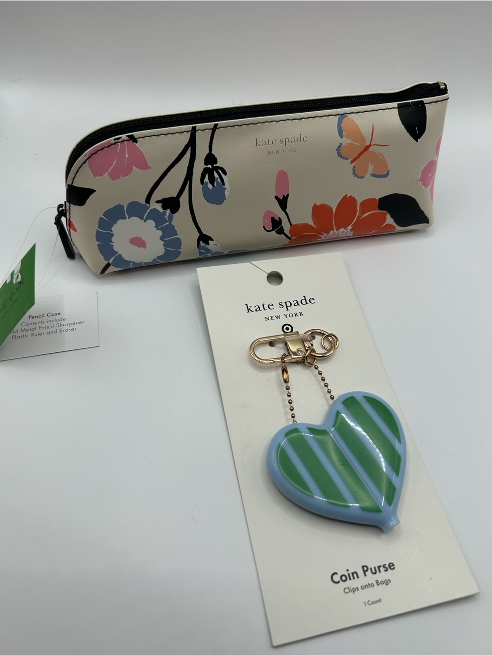 Kate Spade bundle floral case with blue-striped green heart coin purse - Picture 2 of 4